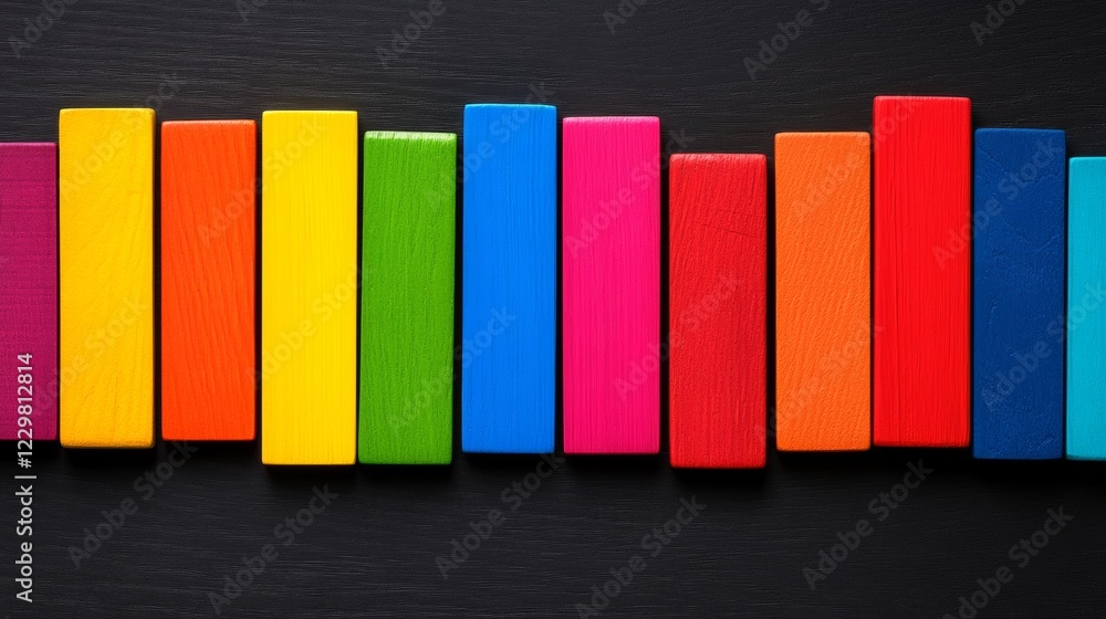 Poster row of wooden blocks in a rainbow of colors. the blocks are arranged in a line, with each block bein