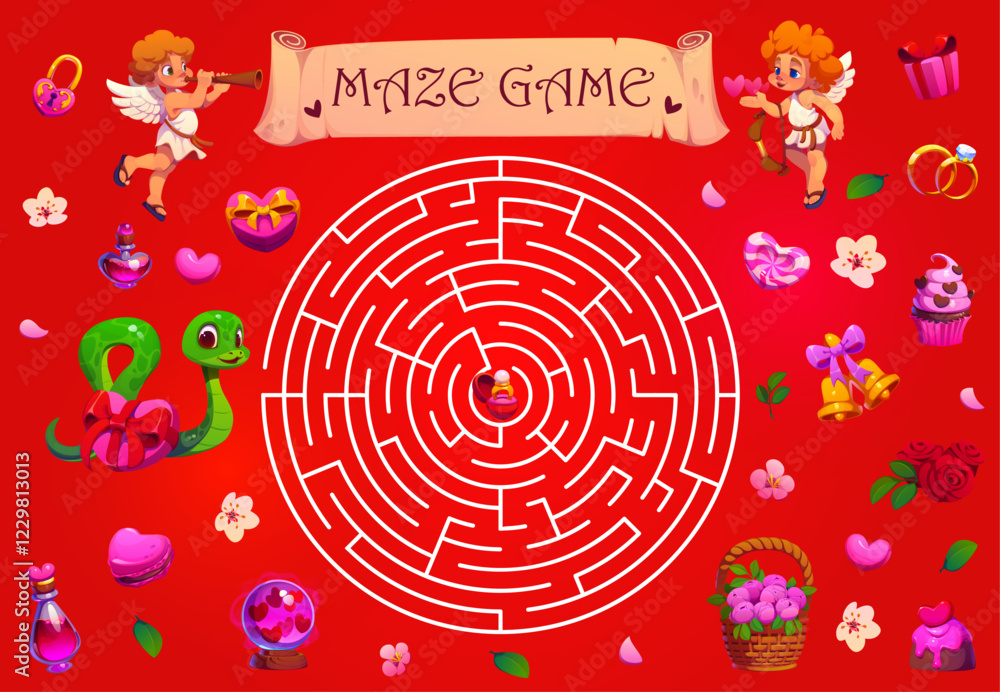 Poster valentines day labyrinth maze game with cherubs and snake. vector riddle with circular maze contains