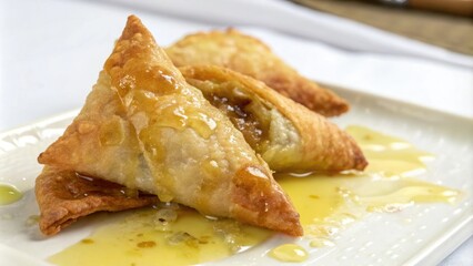 Close-up shot of keema samosa with melted butter on a white surface, golden brown pastry, Indian snacks, flavorful filling, savory food
