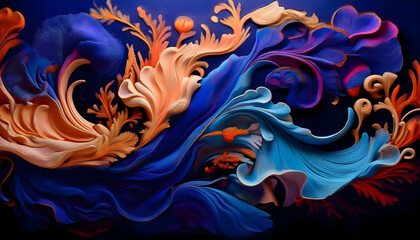 Obraz premium Abstract Fluid Art: A mesmerizing dance of vibrant colors and organic forms. Swirls of deep blues, fiery oranges, and soft creams create a dynamic and visually stunning abstract artwork. 
