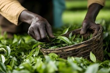 Close up of a skilled worker's hands picking tea leaves, with a traditional bamboo basket filled with freshly harvested leaves in the background