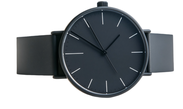 Black Minimalist Wristwatch with Dark Grey Band on Black Backgro