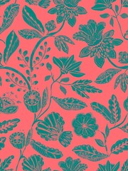 This seamless pattern features vibrant, hand-drawn flowers and leaves in yellow, pink, and green hues on a soft blue background, creating a lively, whimsical design.