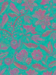 This seamless pattern features vibrant, hand-drawn flowers and leaves in yellow, pink, and green hues on a soft blue background, creating a lively, whimsical design.