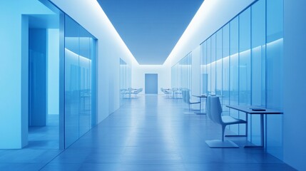 Modern minimalist hallway with glass walls and blue lighting