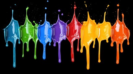 Colorful paint splashes and drips on black background.