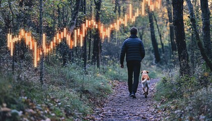 Fototapeta premium A serene scene of a man walking his dog along a forest path, embracing nature and companionship as he journeys through life as a Trader Nomad.