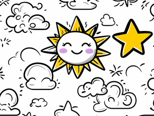 Happy sun, star, clouds pattern; kids textile
