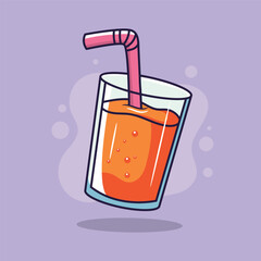 Orange juice in a glass with a straw. Vector illustration in cartoon style.
