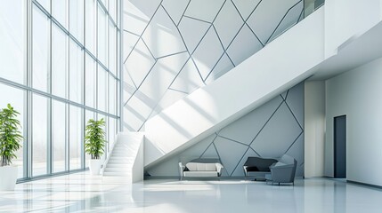 Obraz premium Modern Architectural Interior Design: A Stunning White Lobby with Geometric Walls, Large Windows, and Minimalist Furniture