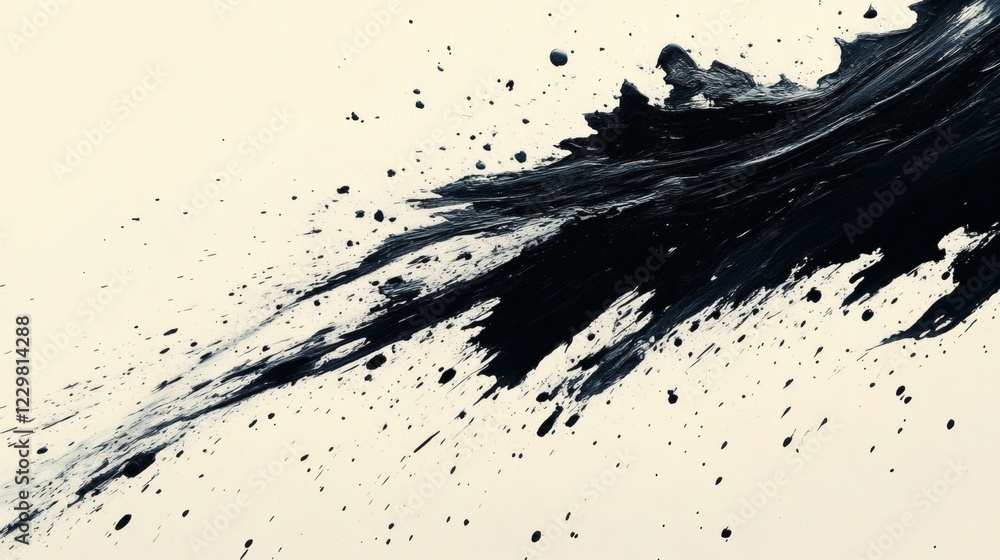 Poster wild splashes of black ink brush strokes scattered across a white background creating an expressive 