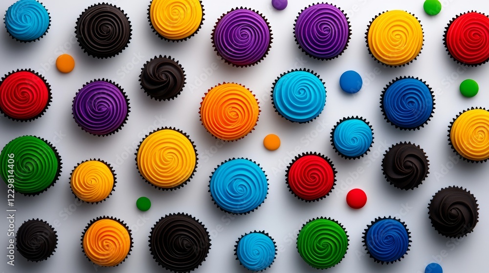 Poster colorful assortment of cupcakes with different frosting colors and sprinkles. the cupcakes are arran