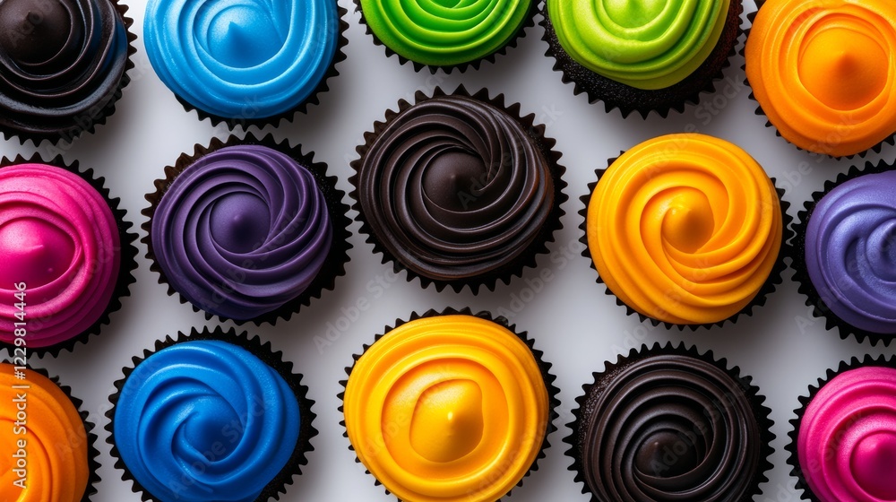 Poster row of colorful cupcakes with different frosting colors. the cupcakes are arranged in a row and are 