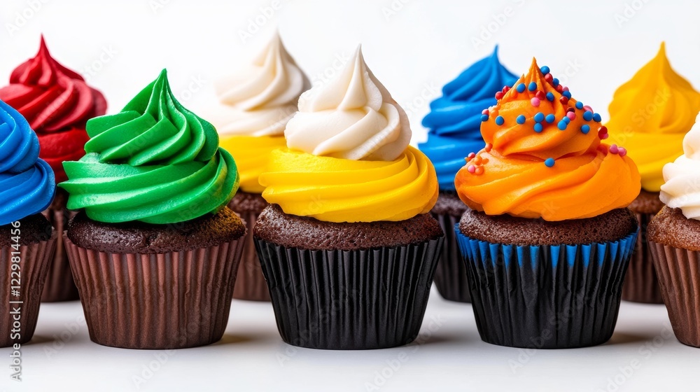 Poster row of colorful cupcakes with different frosting and sprinkles. the cupcakes are arranged in a line,