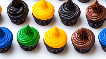 Obraz premium Row of cupcakes with different colored frosting. The cupcakes are arranged in a line, with some being green, yellow, brown, and blue. The frosting on the cupcakes is thick and creamy