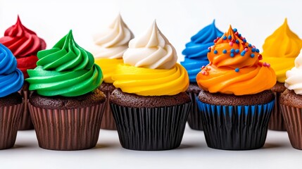 Row of colorful cupcakes with different frosting and sprinkles. The cupcakes are arranged in a line, with some being taller than others. The variety of colors and decorations creates a fun