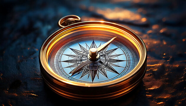 Stunning close-up of an ornate compass resting on a dark, textured surface.
