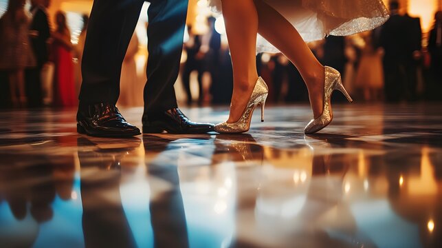 Elegant Close-Up of Polished Men's and Women's Shoes on Dance Floor