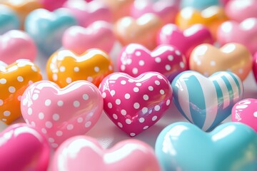 Obraz premium A Delightful Collection Of Pastel-Colored Hearts, Each Adorned With Cute Polka Dots Or Stripes, Creates A Cheerful And Romantic Ambiance. Perfect For Valentine'S Day Or Any Celebration Of Love.