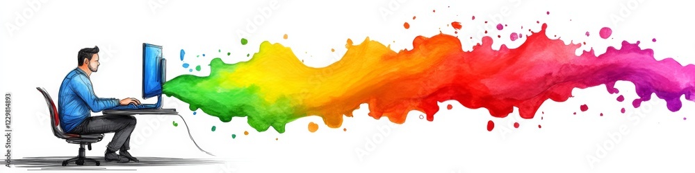 Poster man is sitting at a desk with a computer and a rainbow. the rainbow is flowing out of the computer s