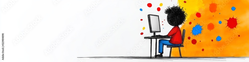 Fototapete boy is sitting at a desk with a computer and a keyboard. the background is a colorful splatter of pa