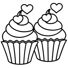Delicate Cupcakes with Heart Garnishes - Vector Line Art
