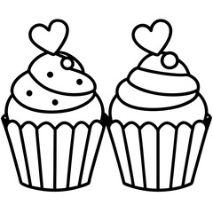 Delicate Cupcakes with Heart Garnishes - Vector Line Art