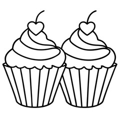 Delicate Cupcakes with Heart Garnishes - Vector Line Art