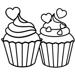 Delicate Cupcakes with Heart Garnishes - Vector Line Art