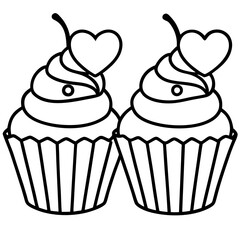 Delicate Cupcakes with Heart Garnishes - Vector Line Art