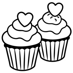 Delicate Cupcakes with Heart Garnishes - Vector Line Art