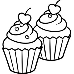 Delicate Cupcakes with Heart Garnishes - Vector Line Art