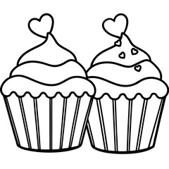 Delicate Cupcakes with Heart Garnishes - Vector Line Art