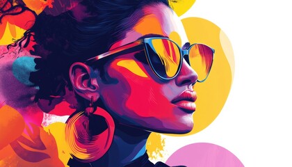 Naklejka premium Woman wearing sunglasses and earrings is the main focus of the image. The colors of the image are bright and vibrant, giving it a fun and energetic mood
