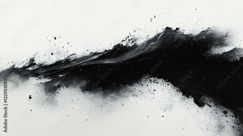 Poster wild splashes of black ink brush strokes scattered across a white background creating an expressive 