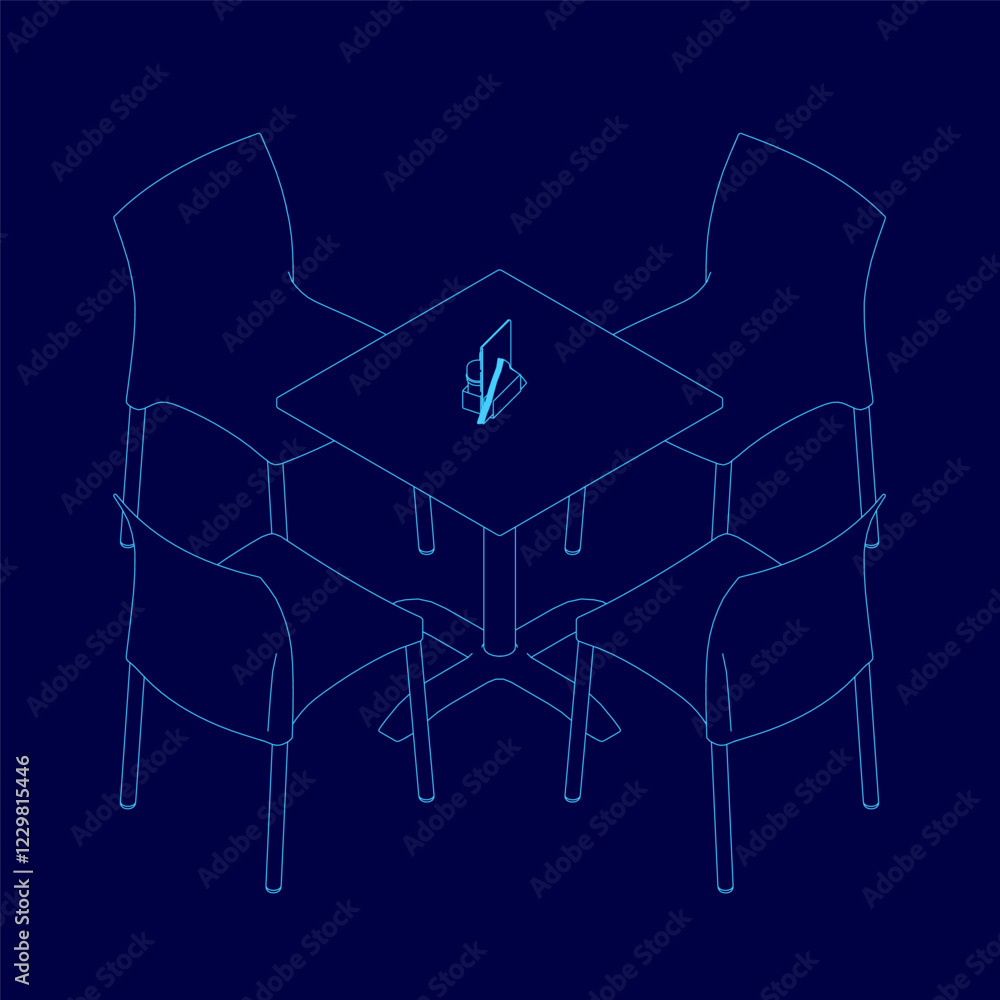 Poster blue drawing of a table with four chairs around it. the chairs are all lined up and the table is in 