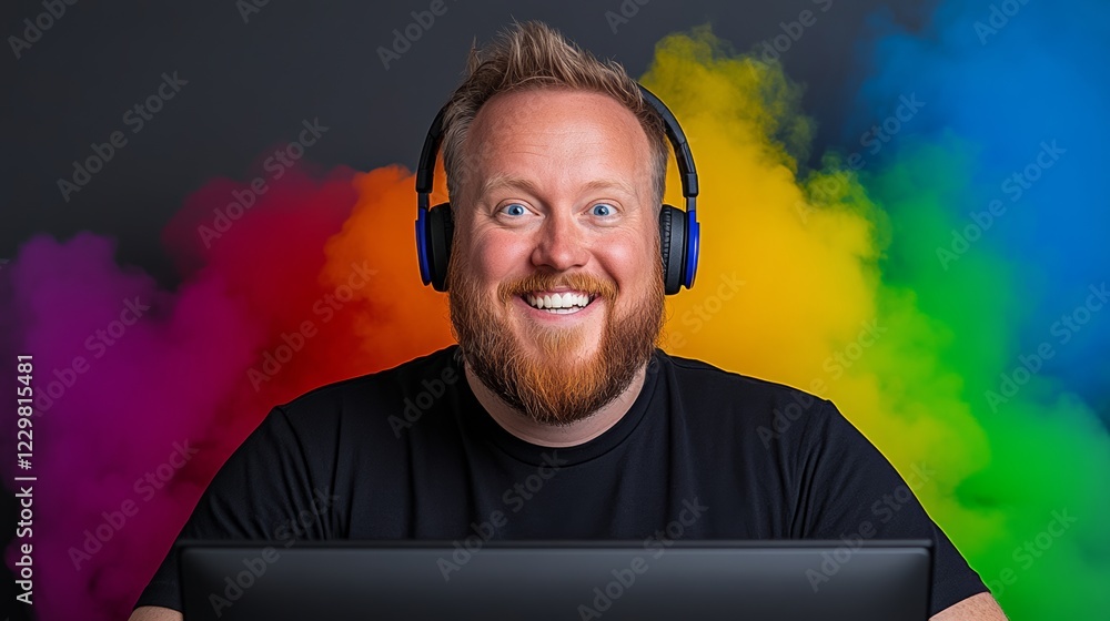 Poster man with a beard and a smile is wearing headphones and sitting in front of a computer. the image has