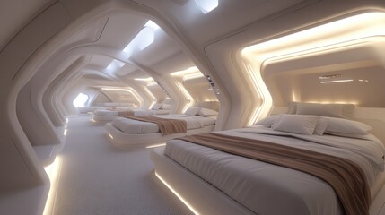Fototapeta premium Futuristic Spaceship Cabin Interior Design: Sleek, Minimalist, and Luxurious Bedrooms in a Spacecraft