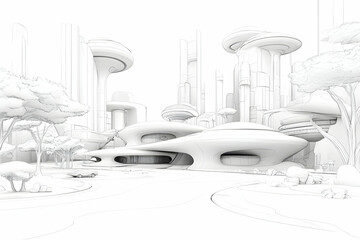 Futuristic city sketch, vehicle, park