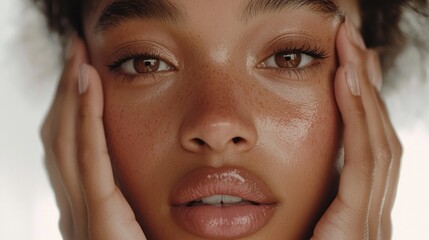 A stunning close-up reveals the beauty of an African American woman, her expressive gaze captivating, while her skin, glistening with a natural glow, showcases freckles that enhance her features