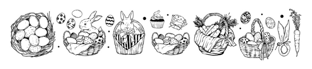 Easter holiday basket set, vector hand drawn spring celebration doodle, cute rabbit, painted eggs. Traditional wicker nest, little bunny with carrot, seasonal festive design elements. Easter basket