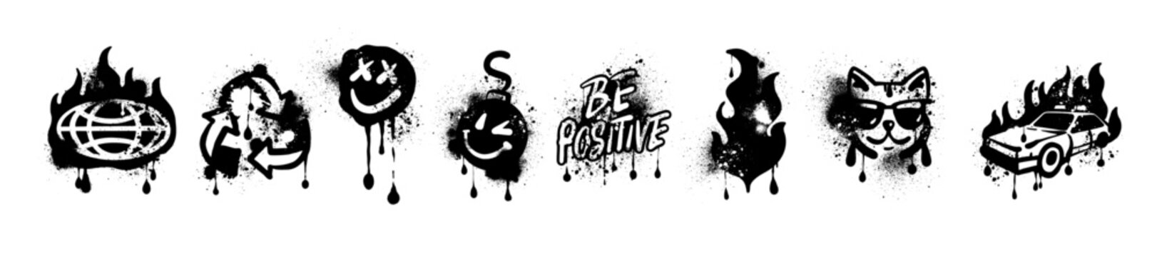 Graffiti print hand drawn set, urban vector street art, black dripped spray effect texture design. Y2k streetwear modern sign, dirty droplet liquid blot texture ink splatter. Fire flame graffiti print