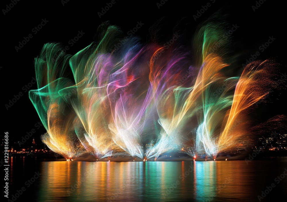 Poster dazzling nighttime fireworks display with colorful swirls and reflections over calm waters creating 