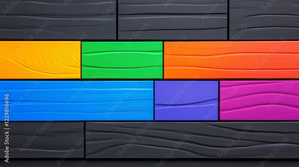 Poster Row of colorful wooden blocks with a black background. The blocks are arranged in a way that they create a rainbow effect