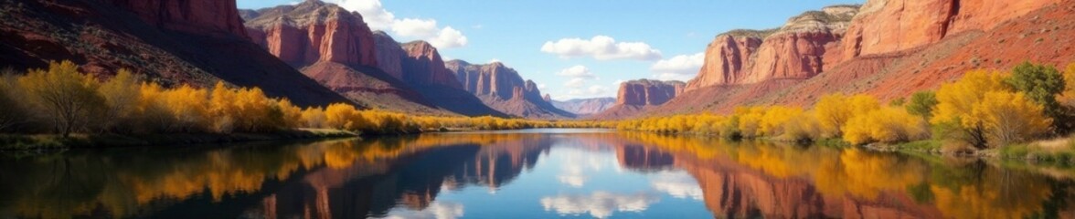 Towering rock formations reflected in calm Colorado River waters, geological formations, river reflection
