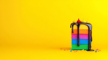 Colorful cake with rainbow frosting and a drizzle of chocolate on top. The cake is cut into slices and placed on a yellow background