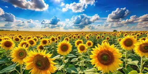Fototapeta premium Vast sunflowers stretching towards the clear blue sky with a few wispy clouds scattered across their bright yellow petals, field of gold, sunflower sea