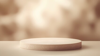 A minimalist beige cylindrical platform against a blurred, earthy backdrop.