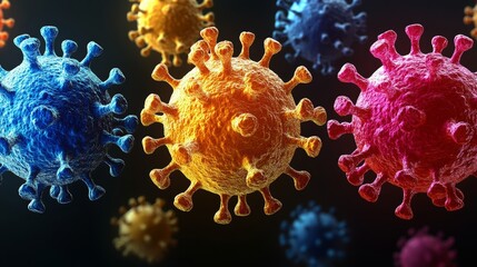 Naklejka premium Group of colorful viruses are floating in the air. The viruses are in different colors, including blue, red, and yellow. Concept of chaos and danger