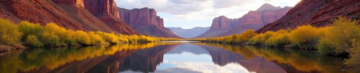 Obraz premium Towering rock formations reflected in calm Colorado River waters, high contrast landscape photography, Utah landscapes